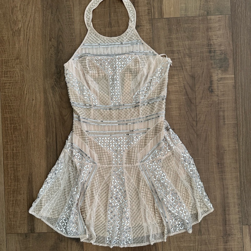 Elegant Halter Neck Dress in Beige and Silver